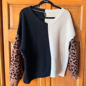 Alya Black and Cream V-Neck Sweater with Leopard Print Sleeves